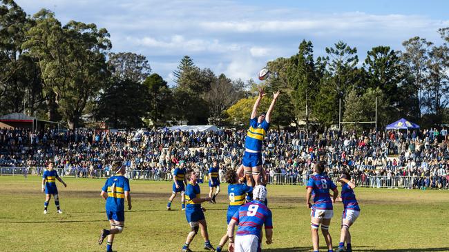 George Griffiths attempts to gain possession for Grammar against Downlands in front of a huge O'Callaghan Cup crowd on Grammar Downlands Day at Downlands College, Saturday, August 6, 2022. Picture: Kevin Farmer