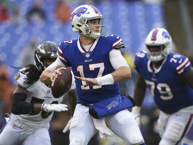 Buffalo Bills quarterback Josh Allen (17) looks for an open man. Picture: AP