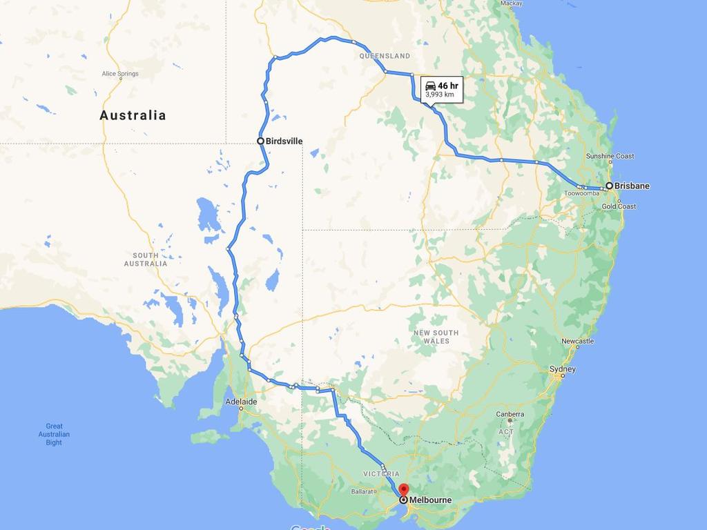 Victorians desperate to get home without passing through New South Wales are heading through Outback Queensland and regional South Australia – a trip that takes at least 46 hours. Picture: Google Maps