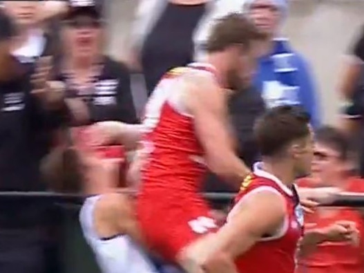 Community Cup series. St Kilda vs North Melbourne at RSEA Park, Moorabbin. Jimmy Webster and Jy Simpkin incident Picture: Channel 9