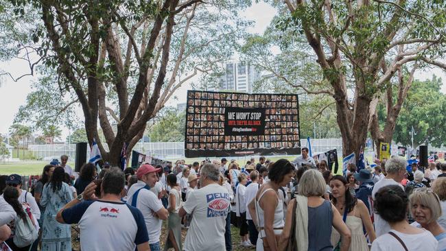 Pro-Israel protesters are seen at an event ‘to unite and recognise the atrocities committed on Israeli and Jewish women by Hamas on October 7’ at Prince Alfred Park, Surry Hills, in Sydney. Picture: Flavio Brancaleone