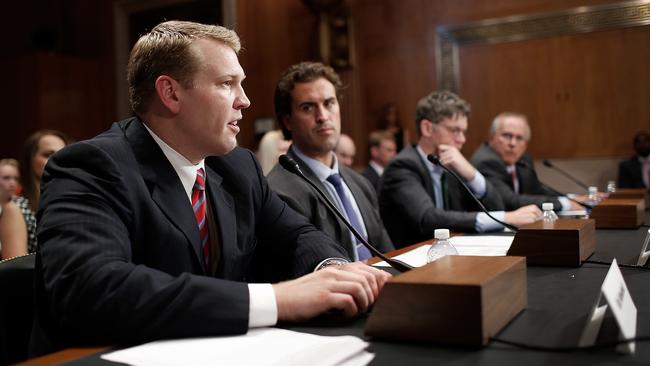 Dr Chris Nowinski, left, founder of the Concussion Legacy Foundation, testifying before the Senate Special Committee on Aging in Washington, DC in 2014. Picture: Getty Images