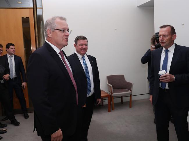 Prime Minister Scott Morrison with former Prime Minister Tony Abbott, back in the office where he used to occupy, in Parliament House Canberra. . Picture Gary Ramage