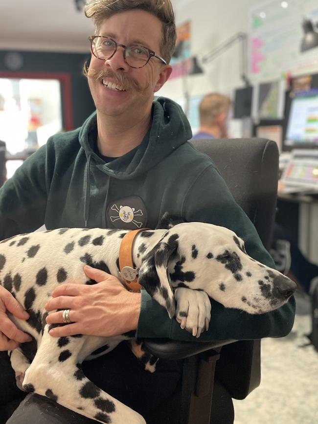 Gatsby, a dalmatian, from Gluttony Arts venue hub with owner Peter Karmel. Picture: Supplied