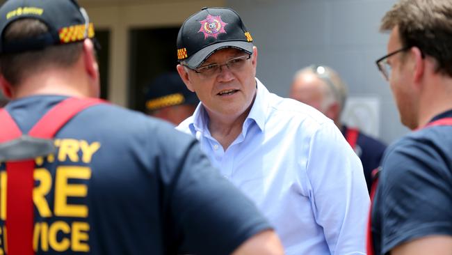 Prime Minister Scott Morrison with crews from Woodside CFS. Picture: AAP