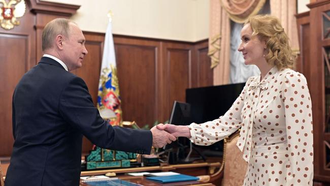 Russian President Vladimir Putin meets with Commissioner for Children's Rights Maria Lvova-Belova in March 2022. Picture: AFP