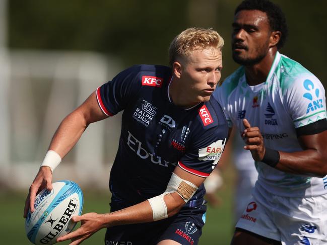 MELBOURNE, AUSTRALIA - FEBRUARY 16: Carter Gordon of the Rebels passes the ball during the Super Rugby Pacific Pre-Season Match between Melbourne Rebels and Fijian Drua at Gosch's Paddock on February 16, 2024 in Melbourne, Australia. (Photo by Daniel Pockett/Getty Images)