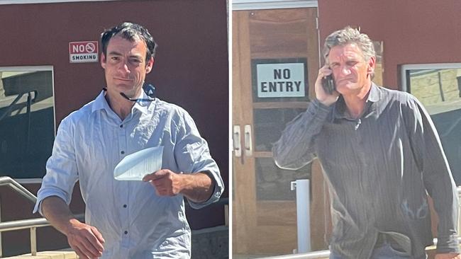 Nathan Jarrett, 38 of Cooranbong (left), and Gareth Slade, 49, of Dora Creek, leaving Toronto Local Court charged with stealing copper cable from a property on Wangi Rd, Myuna Bay. Picture: NewsLocal