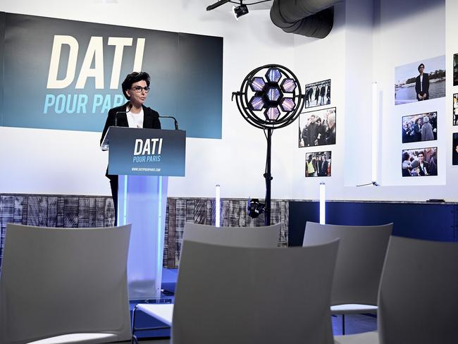 Rachida Dati, Les Republicains party candidate for Paris 2020 mayoral election, delivers a speech at her campaign headquarters to bare seats. Picture: AFP