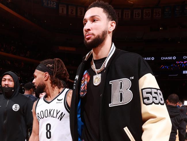 Ben Simmons with Patty Mills during a February 16 Brooklyn Nets game against the New York Knicks at Madison Square Garden. Picture: Nathaniel S. Butler/NBAE via Getty Images