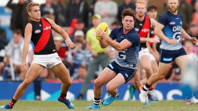 Jack Steven in action for Geelong against Essendon in a Marsh Community Series match in March. Picture: Getty Images