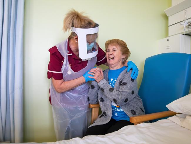 Margaret Keenan, 90, the first patient in the United Kingdom to receive the Pfizer COVID-19 vaccine. Picture: Jonny Weeks/The Guardian