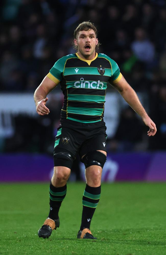 Angus Scott -Young of Northampton Saints looks on during the Gallagher Premiership Rugby match between Northampton Saints and Bath Rugby at cinch Stadium at Franklin's Gardens on November 04, 2023 in Northampton, England. (Photo by David Rogers/Getty Images)