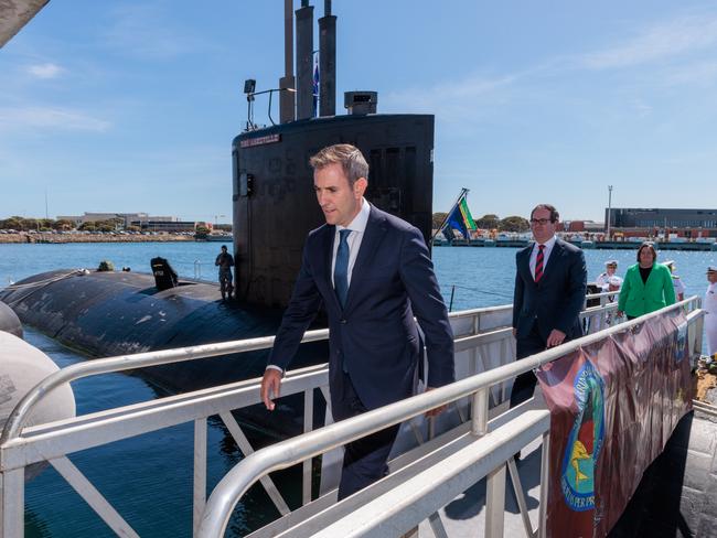 Treasurer Jim Chalmers, Minister for Resources and Northern Australia, Madeleine King, and Defence Personnel Minister, Matt Keogh are seen during a visit onboard the USS Asheville, a Los Angeles-class nuclear powered fast attack submarine, at HMAS Stirling, Western Australia on Tuesday, March 14, 2023.   Picture: Richard Wainwright/ AAP Image/POOL via NCA NewsWire