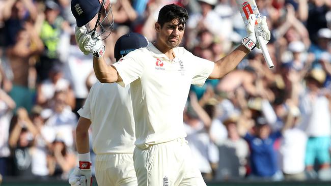 Alastair Cook celebrates after he brought up his ton in the last over of day two. Picture: Michael Klein.