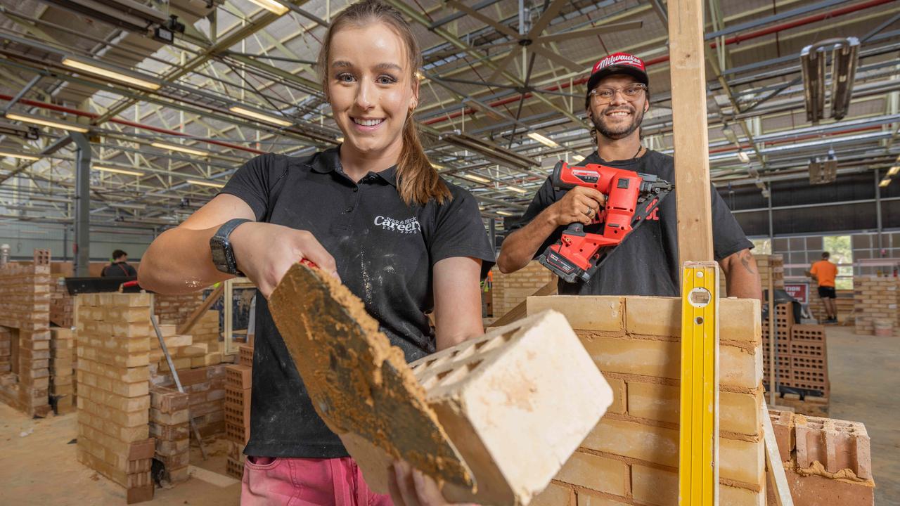 Tradie students Elizabeth Briggs, 20, and Ray Kyle, 35, at TAFE SA’s Tonsley campus in Adelaide’s south. Picture: Ben Clark