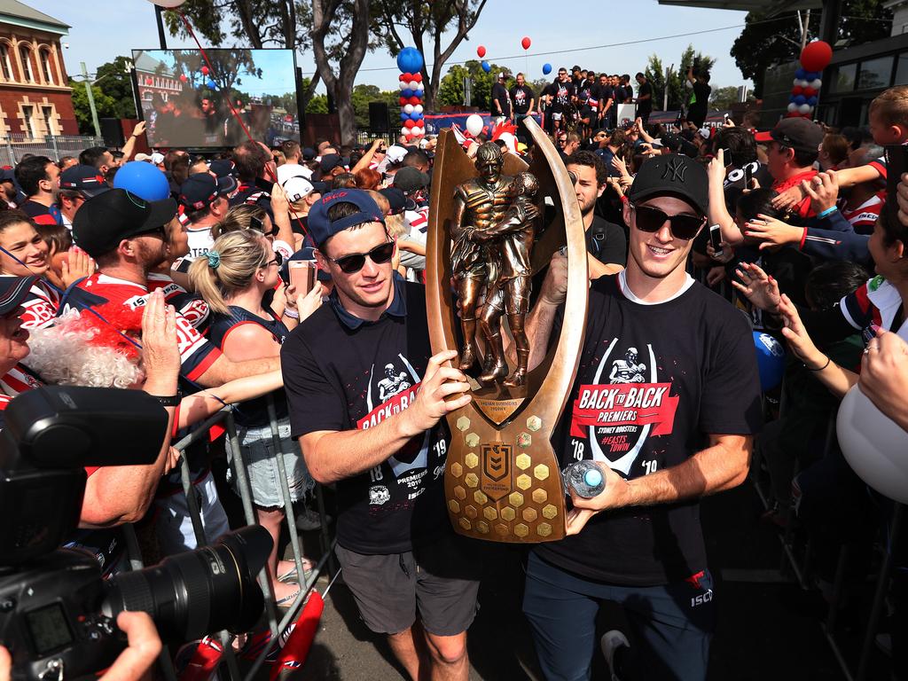 Roosters Luke Keary and Sam Verrills during the Sydney Roosters fan day outside the Hordern Pavilion, Sydney after the Roosters 2019 NRL Premiership win. Picture: Brett Costello