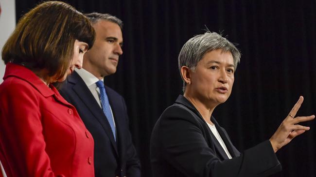 Foreign Minister Penny Wong and Premier Peter Malinauskas at a press conference in Adelaide on Tuesday morning. Picture: NCA NewsWire / Roy VanDerVegt