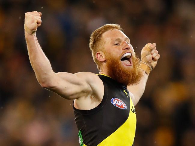 MELBOURNE, AUSTRALIA - SEPTEMBER 08: Nick Vlastuin of the Tigers celebrates a goal during the AFL Second Qualifying Final Match between the Geelong Cats and the Richmond Tigers at Melbourne Cricket Ground on September 8, 2017 in Melbourne, Australia. (Photo by Michael Willson/AFL Media/Getty Images)