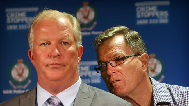 Loone, then head of the missing persons investigation, with Lyn’s brother Greg Simms during a press conference to offer a $200,000 reward. Picture: Chris Pavlich