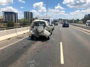 Three vehicles, including a truck, were involved in a crash on the Neville Hewitt Bridge shortly before 1pm. Picture: Contributed