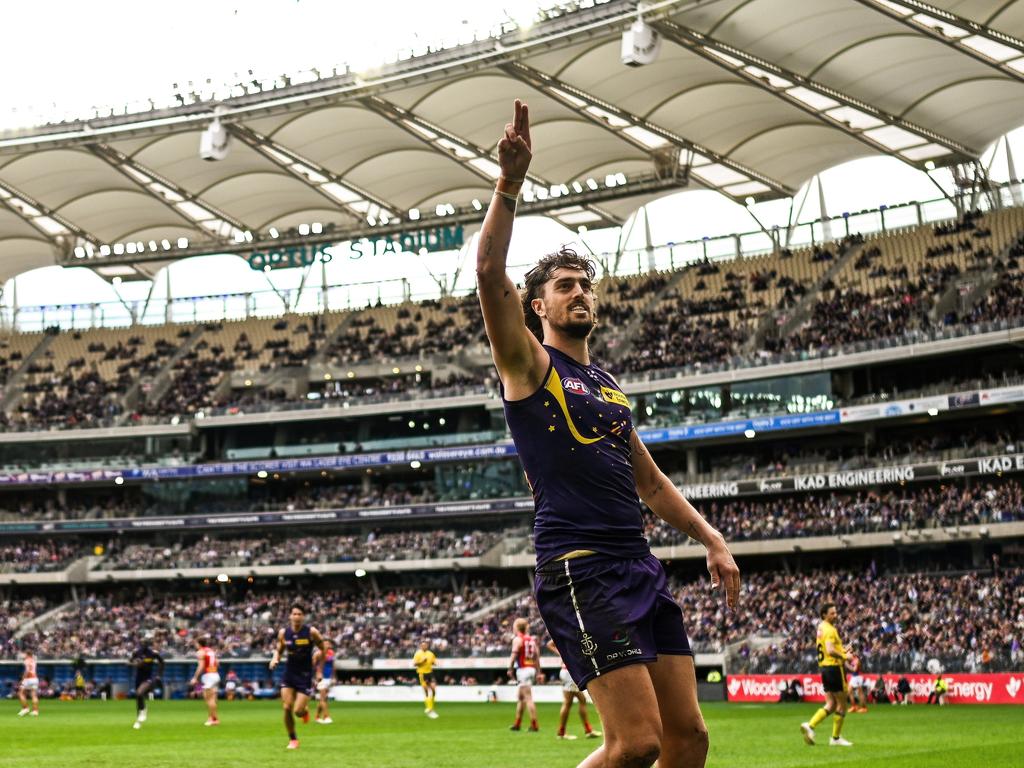 Luke Jackson celebrates a goal against his old side. Picture: Daniel Carson/AFL Photos via Getty Images.