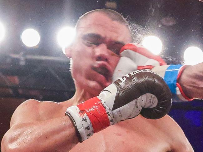 ORLANDO, FLORIDA - OCTOBER 19: Bakhram Murtazaliev punches Tim Tszyu at Caribe Royale Orlando on October 19, 2024 in Orlando, Florida.   Alex Menendez/Getty Images/AFP (Photo by Alex Menendez / GETTY IMAGES NORTH AMERICA / Getty Images via AFP)