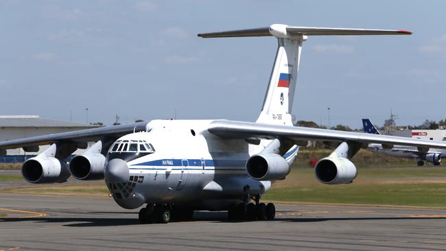 Russian President Vladimir Putin travels in a nice aircraft than this, but this Russian-built Ilyushin Il-76 jetted into Brisbane carrying his official motorcade. The aicraft type is used by many nations as a heavy transporter but has been involved in numerous fatal crashes, the most recent in 2012 in Congo killing 32 onboard and 26 on the ground. Picture: Peter Wallis