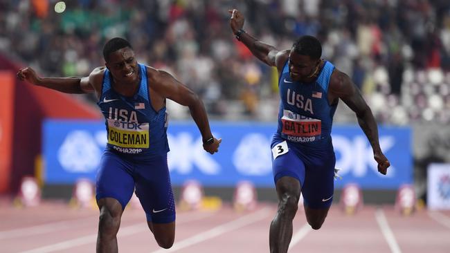 Christian Coleman (L) beats Gatlin to the line in Doha. Picture: Jewel Samad/AFP