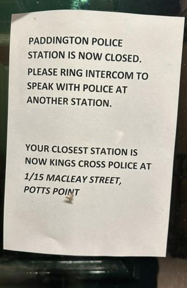 A sign was temporarily posted on the door of Paddington Police Station, informing people the station had been closed. Picture: Facebook