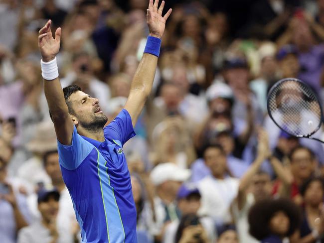 Novak Djokovic celebrates after defeating Daniil Medvedev in the 2023 US Open Final. Picture: Matthew Stockman/Getty Images/AFP