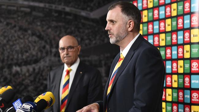 Crows Chairman John Olsen with new CEO Tim Silvers at Wednesday’s press conference. Picture: Naomi Jellicoe