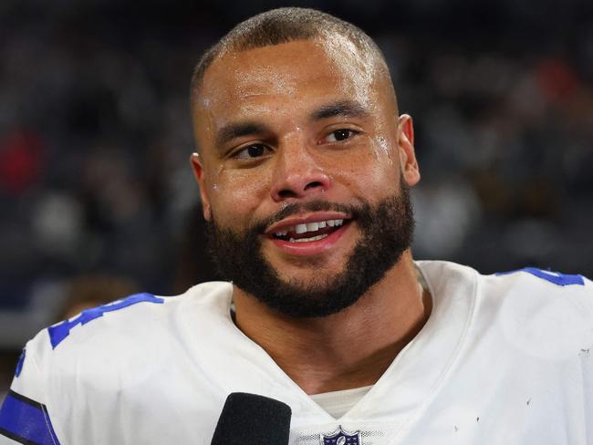 ARLINGTON, TEXAS - DECEMBER 24: Dak Prescott #4 of the Dallas Cowboys speaks to a reporter after a win over the Philadelphia Eagles at AT&T Stadium on December 24, 2022 in Arlington, Texas.   Richard Rodriguez/Getty Images/AFP (Photo by Richard Rodriguez / GETTY IMAGES NORTH AMERICA / Getty Images via AFP)