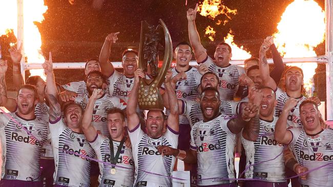 Melbourne celebrate victory in the 2020 NRL grand final. Picture: Brett Costello