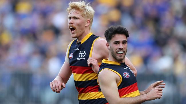 PERTH, AUSTRALIA - AUGUST 07: Elliott Himmelberg of the Crows celebrates after scoring a goal during the 2022 AFL Round 21 match between the West Coast Eagles and the Adelaide Crows at Optus Stadium on August 7, 2022 in Perth, Australia. (Photo by Will Russell/AFL Photos via Getty Images)