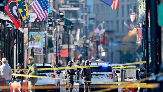 Police officers from multiple agencies work the scene on Bourbon Street after the incident. Picture: Getty Images via AFP.