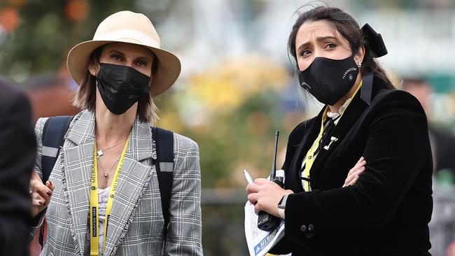 Racing Victoria vet Dr Grace Forbes, pictured on Derby Day in 2021 with steward Kirstie Vanderzeil. Picture: Michael Klein