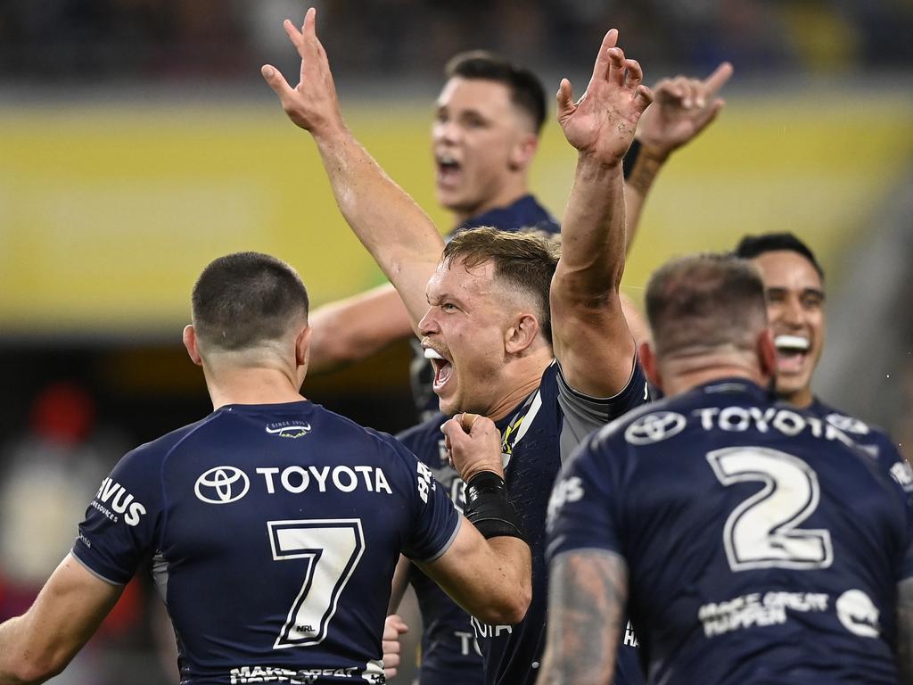 Reuben Cotter celebrates scoring the winning try. Picture: Ian Hitchcock/Getty Images