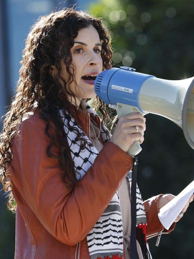 Dr Abdel-Fattah speaking at a pro-Palestine protest at Macquarie University in Sydney, where she joined young children in a chant of ‘intifada’ in 2024. Picture: Richard Dobson