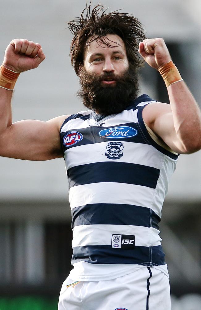 Back in action: The beard looked particularly rugged after Jimmy boy booted a last quarter goal in the Cats’ big win over Melbourne on the weekend. Picture: Colleen Petch.