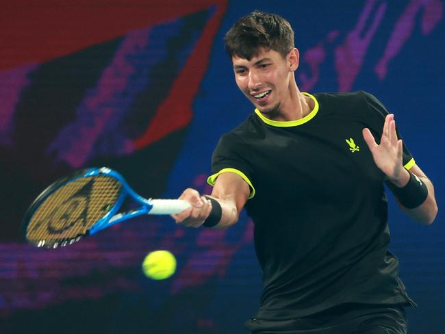 Alexei Popyrin of Australia plays a forehand against Fabian Marozsan of Hungaryduring their Red Bull Bassline match. Picture: Kelly Defina/Getty Images