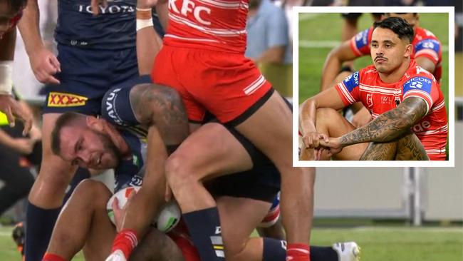 The biggest call of the match also ended Jayden Sullivan's night. Photo: Getty Images and Fox Sports