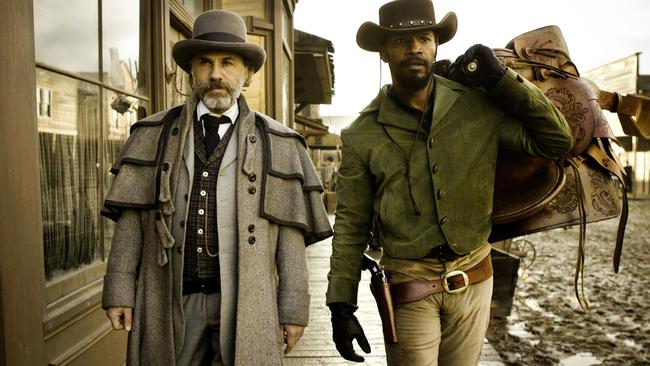 Christoph Waltz as Schultz and Jamie Foxx as Django.