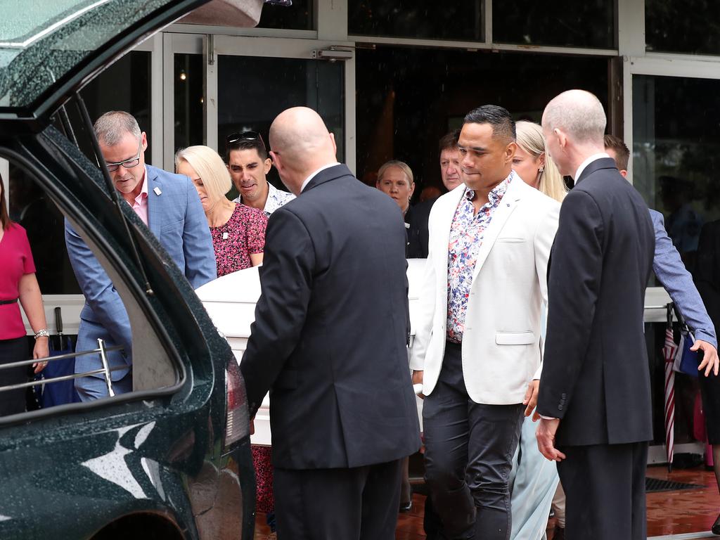 Pallbearers at the funeral for Hannah Clarke and her three children, Aaliyah, Laianah and Trey in Brisbane. Picture: Liam Kidston