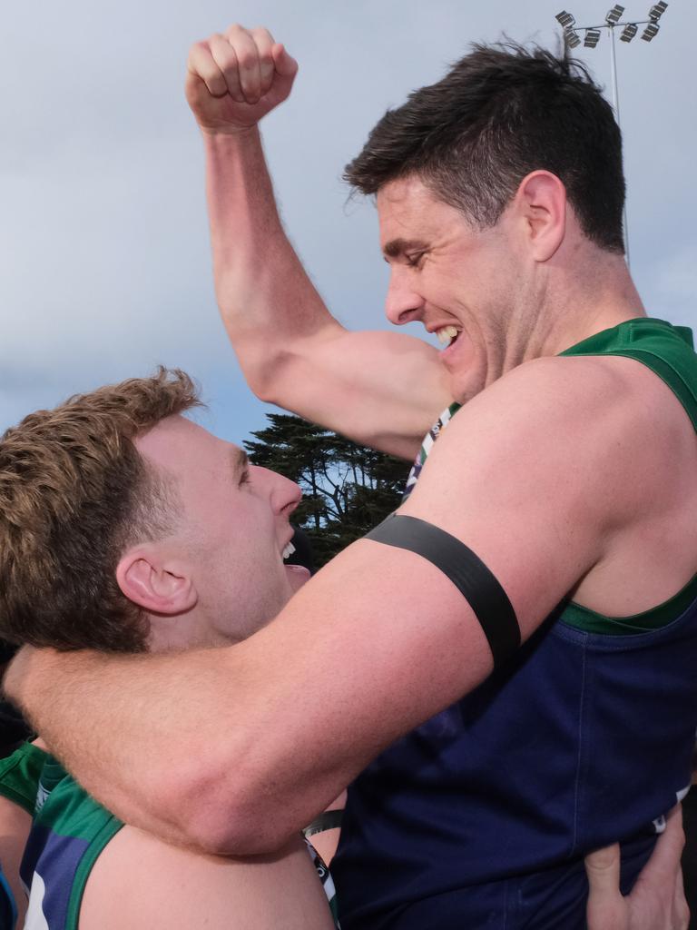 Charlie Sprague and Damian McMahon celebrate the premiership win. Picture: Mark Wilson