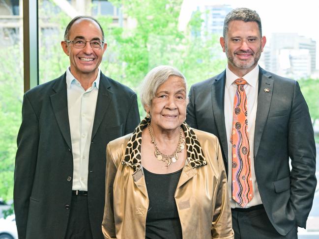 SA Chief Justice Chris Kourakis, Nunga Court elder Aunty Yvonne Agius and Attorney-General Kyam Maher announce two Indigenous magistrates. Picture: NCA NewsWire / Brenton Edwards