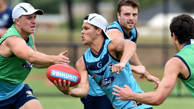 Second-year Cat Brandan Parfitt, centre, was huge against the Saints in Round 4.