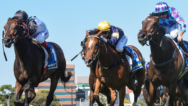 Mr Brightside (left) beats Pride Of Jenni (right) in the CF Orr Stakes,