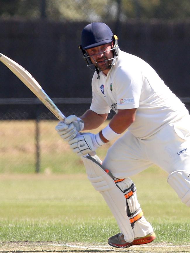 Plenty Valley opener Justin Di Battista guides a ball through the leg side. Picture: Hamish Blair