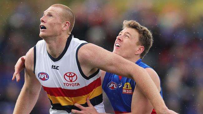 Adelaide’s Sam Jacobs contests a boundary throw-in with Western Bulldogs midfielder Jack Macrae. Picture: Michael Klein